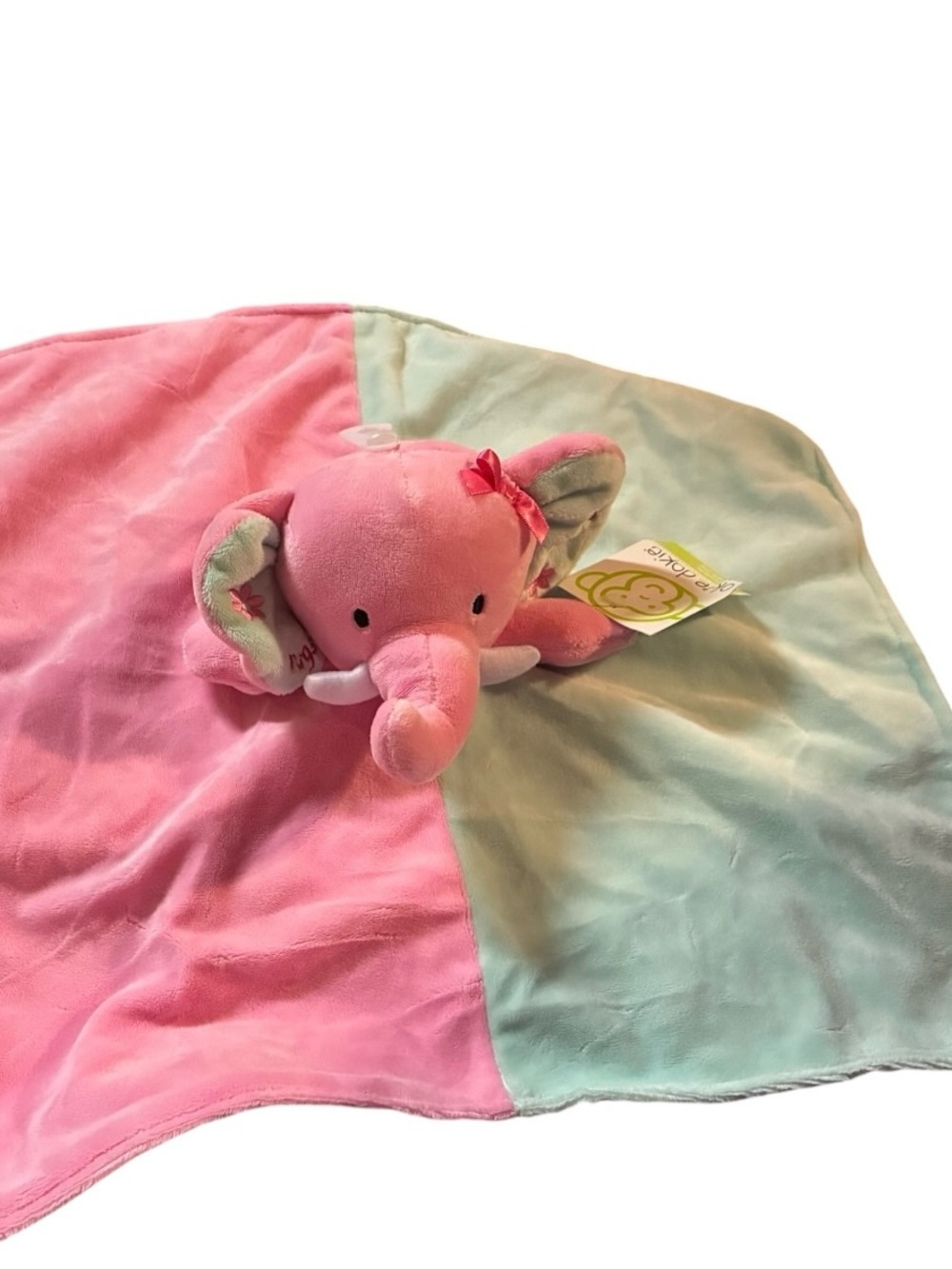 Okie Dokie Pink/Mint Elephant Rattle Security Blanket Lovey Plush Satin back 14”